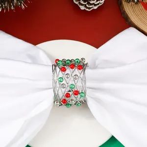 Christmas napkin ring with silver metal wire mesh and red green silver decorative beads