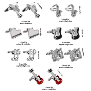 Detailed size chart showing dimensions and weight of various musical instrument cufflinks