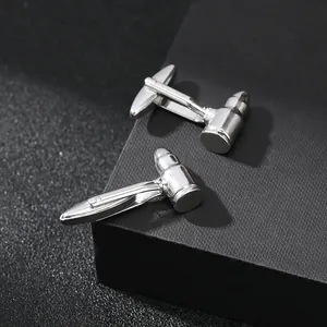 Mens silver gavel-shaped cufflinks set in stainless steel with polished finish for formal wear