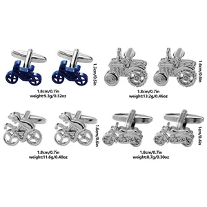 Men's vehicle cufflinks set featuring bicycle tractor and motorcycle designs in silver finish