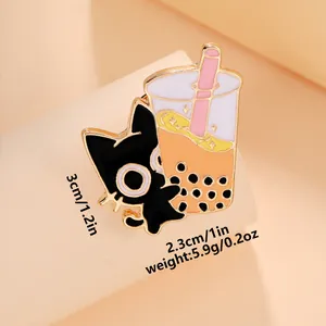 Detail view of cartoon black cat with milk tea enamel pin showing 3cm size and 5.9g weight