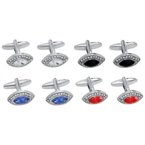 Set of 4 pairs men's silver shirt cufflinks with crystal marquise eye design in 4 colors