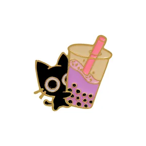 Cartoon black cat holding purple bubble tea enamel pin with gold metal outlines