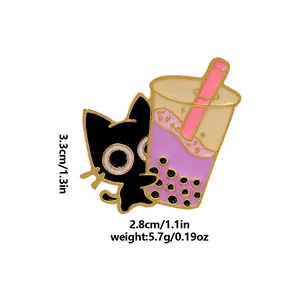 Cartoon black cat and purple bubble tea enamel pin with glitter details and gold trim
