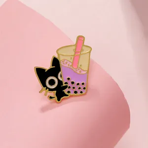 Creative enamel brooch featuring a cartoon black cat with bubble tea on pink background