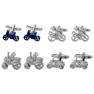 Men's cufflinks set featuring silver motorcycle, tractor, and bicycle designs