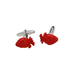 Fashionable anatomical heart cufflinks in red enamel with silver metal t-bar studs