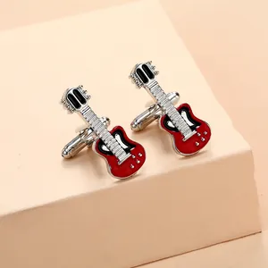 Detail of creative red electric guitar cufflinks with silver metal finish on display