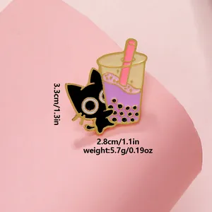 Detail view showing size 3.3x2.8cm of the black cat and bubble tea enamel pin