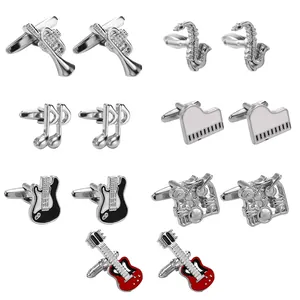 Musical instrument cufflinks set featuring trumpet, saxophone, piano, and guitar designs
