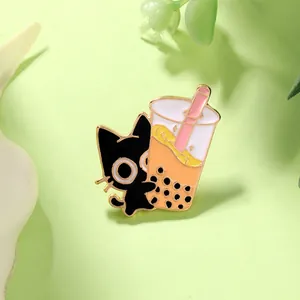 Cartoon Black Cat Hugging Milk Tea Enamel Pin Alloy Drip Oil Brooch For Bags Lapel Badges Cute Animal Jewelry Gift For Women
