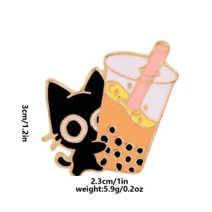 Cartoon black cat with bubble tea enamel pin badge for backpack and lapel decoration