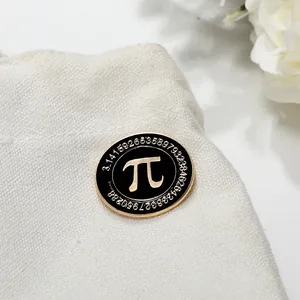 Minimalist black and gold enamel Pi symbol brooch with decimal digits on white canvas