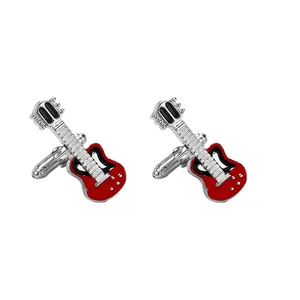 Polished silver metal electric guitar cufflinks with red and black enamel finish