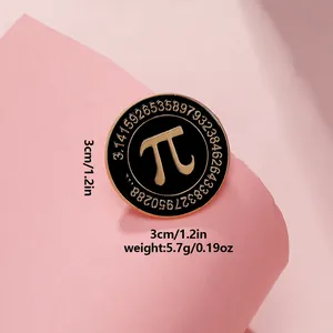 Close-up of pi symbol enamel pin showing black gold finish and mathematical numbers