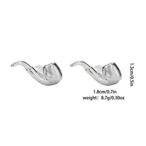 Silver pipe-shaped cufflinks for men's shirts featuring dimensions and polished metal finish