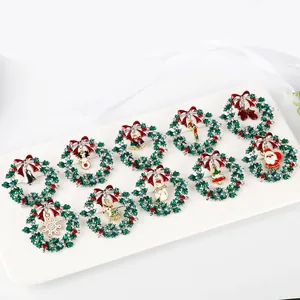 Christmas Wreath Brooch Pin Alloy Enamel Rhinestone Bow Reindeer Snowman Xmas Tree Jewelry For Women Holiday Party Decoration