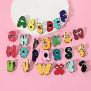 Alphabet Lore monster enamel pins set featuring colorful A-Z letter designs on pink background