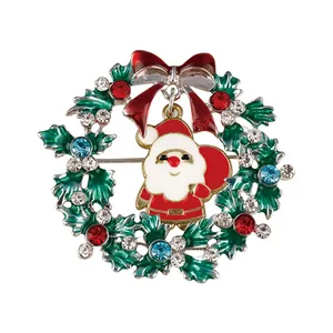 Festive Christmas wreath brooch with Santa Claus, colorful rhinestones and enamel details