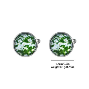 Vintage round cufflinks with Van Gogh daisy pattern and glass dome for men's suits
