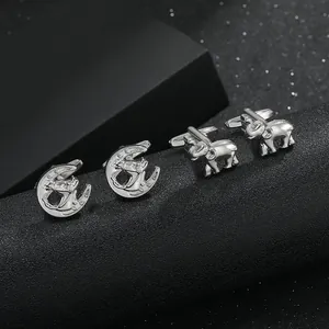 Men Silver Plated Alloy Elephant Horse Moon Cufflinks Fashion Rhinestone Business Formal Shirt Cuff Links Jewelry Gift