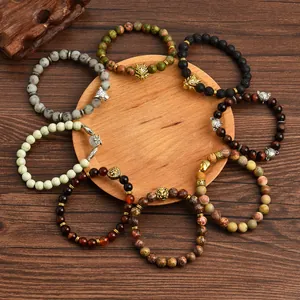 8mm natural agate stone bracelets with alloy lion and owl charms for men and women