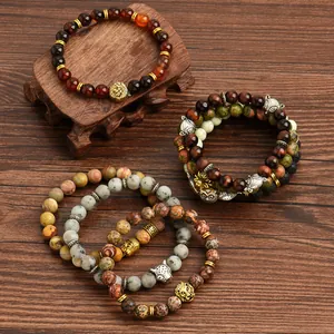 Vintage 8mm Natural Stone Beads Elastic Bracelet For Men Women Alloy Lion Owl Wolf Buddha Charm Ethnic Jewelry