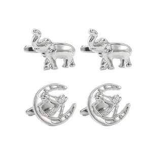Polished silver elephant and crescent moon animal cufflinks set for men in stainless steel