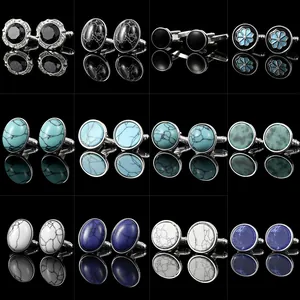 Men Business French Cufflinks For Shirt Alloy Stone Enamel Geometric Round Oval Vintage Pattern Suit Accessories