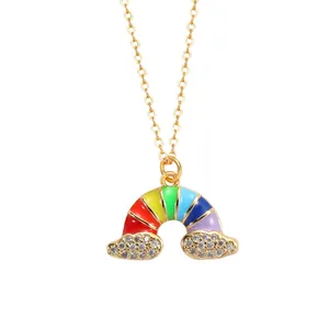 Chic 18k gold plated rainbow pendant necklace with cubic zirconia clouds and enamel