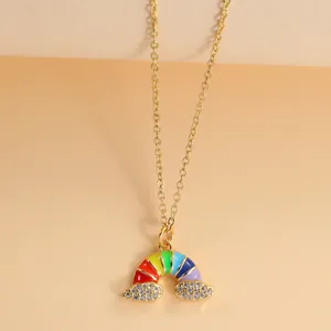 Rainbow enamel pendant necklace with zircon clouds on a delicate gold chain for women