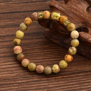 8mm natural agate stone bracelet with golden Buddha head and owl lion charm accents