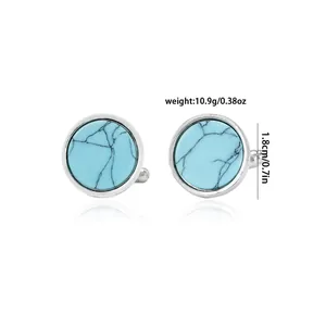 Polished silver alloy round cufflinks with blue turquoise inlay for men's business shirt