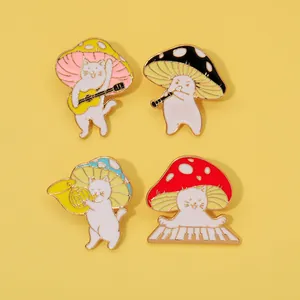 Broche en Émail Mignonne de Chat et Champignon Instrument de Musique Guitare Piano Badge en Alliage pour Décoration de Vêtements Sac à Dos