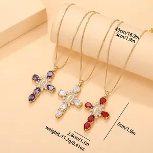 Gold plated Virgin Mary cross pendant necklace with colorful zircon stones