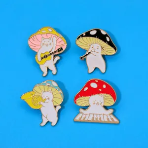 Lot de broches émaillées cartoon avec chats musiciens sous des champignons colorés sur bleu