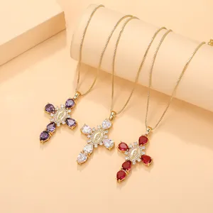 Zirconia cross necklace with Virgin Mary medal in purple, white, and red gem options