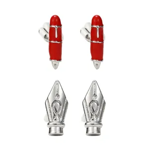 Gemelli da polso a forma di pennino e bambù in smalto rosso e metallo argentato