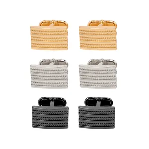 Set gemelli da polso rettangolari da uomo con strisce orizzontali in rilievo oro, argento e nero