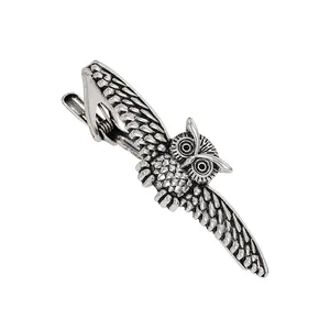 Vintage silver owl tie clip for men in antique finish with detailed feather relief