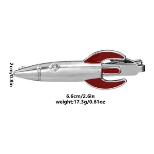 Silver rocket metal tie clip for men featuring red enamel accents and precise dimensions