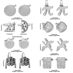 Polished silver cufflinks set featuring pi symbol, bird, and geometric metal designs