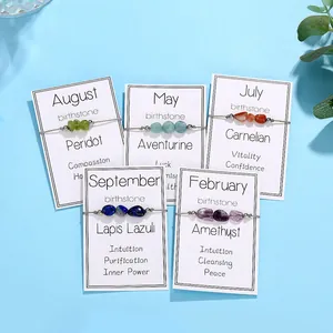 Detail view of handmade birthstone bracelets with irregular natural stones on white cards