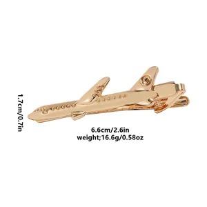 Golden airplane metal tie clip for men with dimensions 6.6cm by 1.7cm in mirror finish