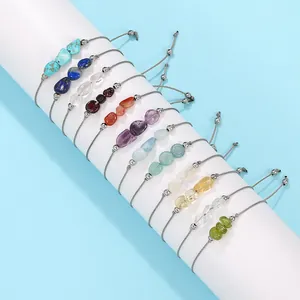 Handmade adjustable woven bracelets with colorful natural irregular gemstone chips