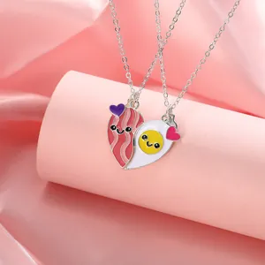 Cartoon bacon and fried egg heart-shaped BFF friendship pendants with silver link chains