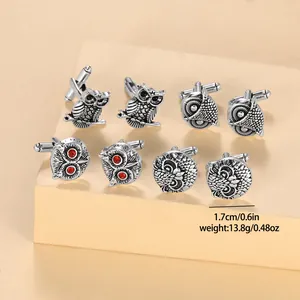 Set of four pairs of vintage silver owl cufflinks with red crystal eyes for men's shirts