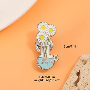 Daisy flowers in a chemical flask enamel pin with dimensions 3cm x 1.4cm and weight 3.6g
