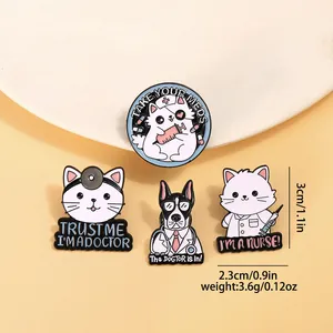 Set of four cute cartoon cat and dog medical enamel pins with doctor and nurse themes