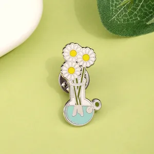 Daisy flowers in lab flask enamel pin badge with silver finish and butterfly clasp